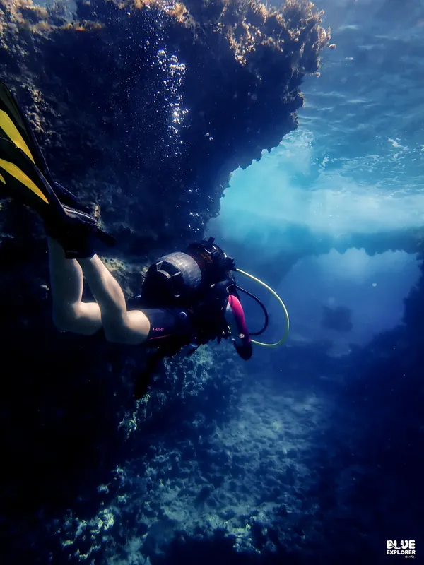 Plongeuse explorant un récif corallien sous-marin avec équipement complet