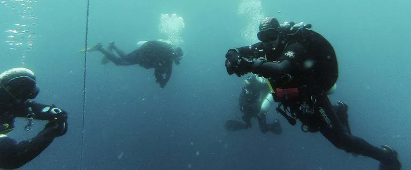 Plongeurs en immersion, équipés, explorant les profondeurs sous-marines bleues