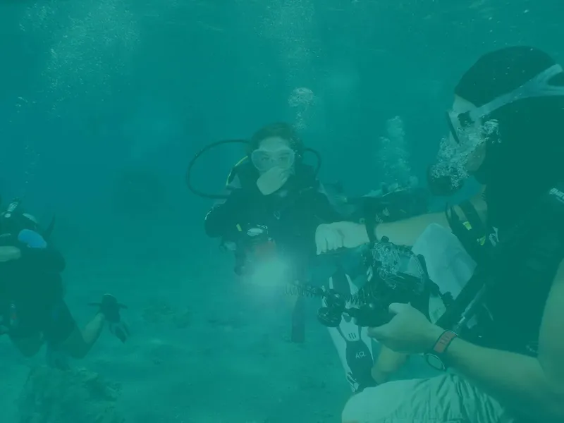 Plongeurs en immersion, communication sous-marine, exploration aquatique, eau turquoise