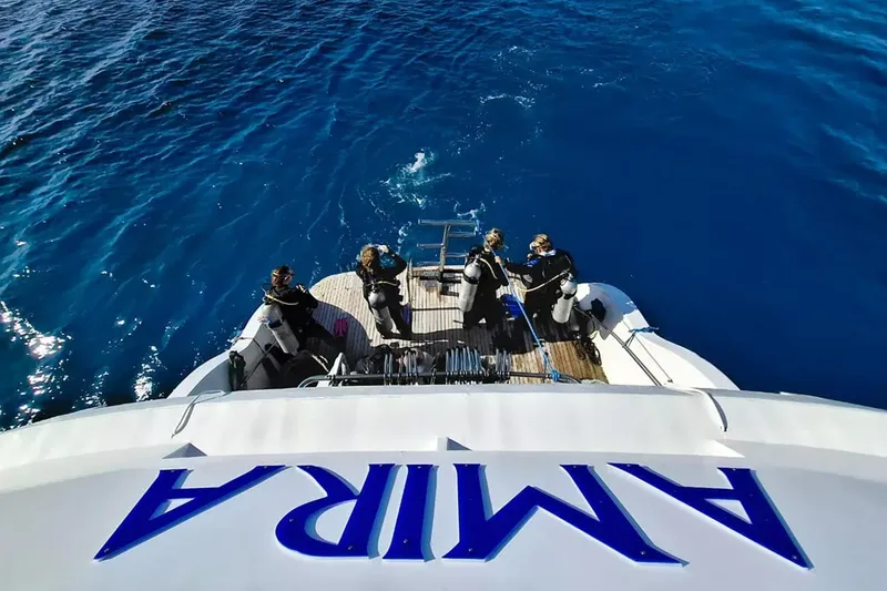Plongeurs équipés sur le bateau, préparation pour une immersion en mer