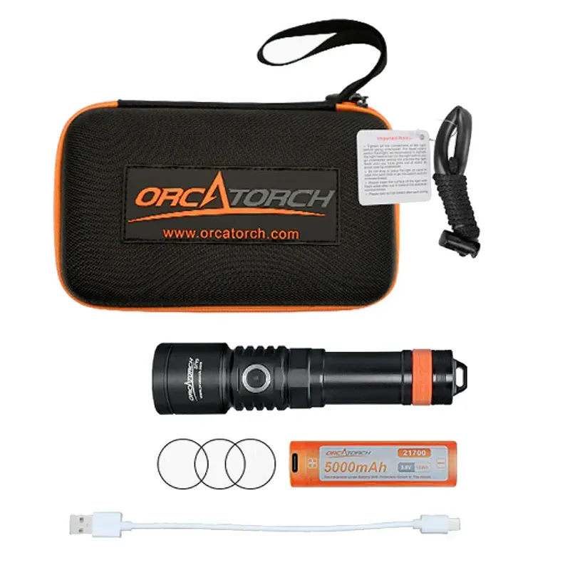Lampe de plongée OrcaTorch, batterie, câble USB et étui noir