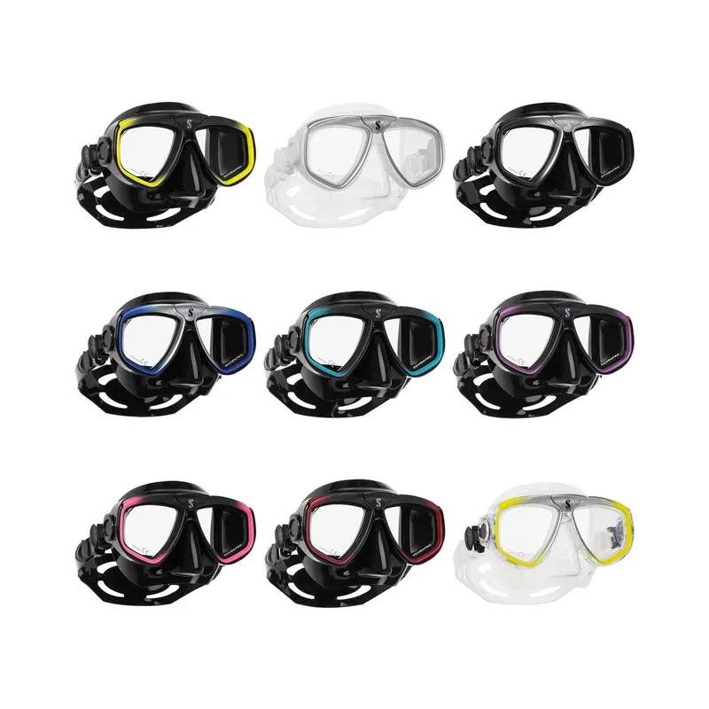 Neuf masques de plongée de différentes couleurs sur fond blanc