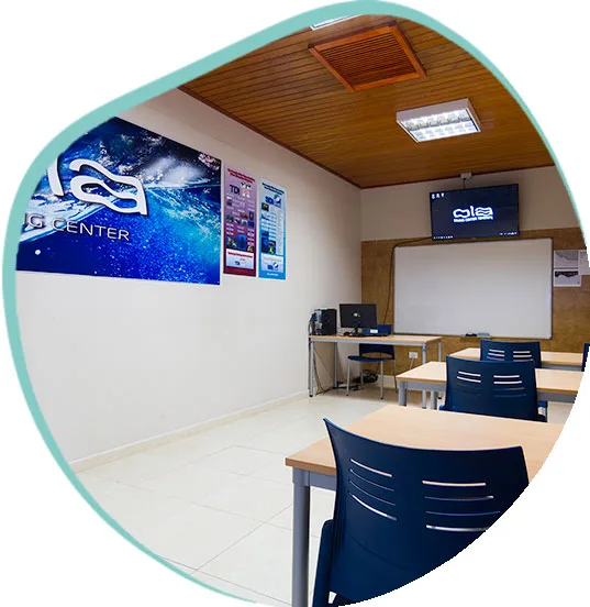 Salle de cours avec tableau blanc, ordinateur et affiches de plongée