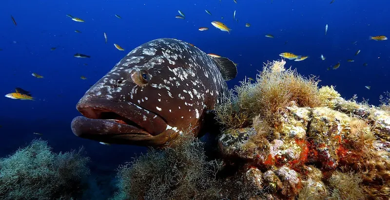 Mérou imposant au regard fixe, entouré de petits poissons colorés
