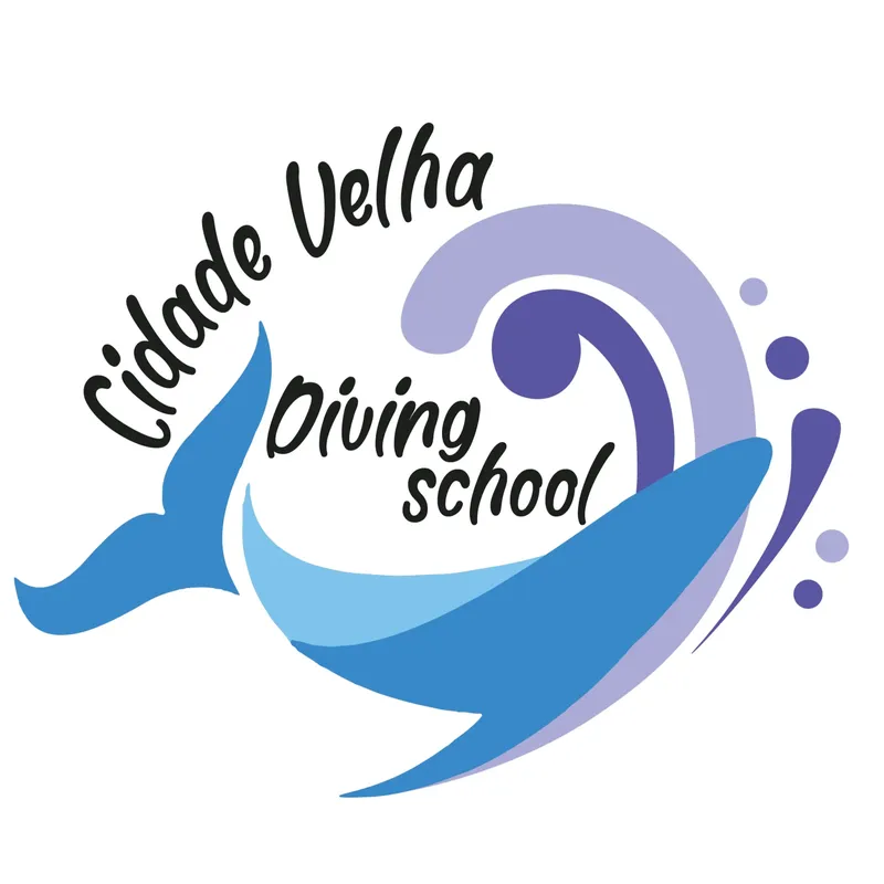 Logo d'une école de plongée avec une baleine et des vagues bleues