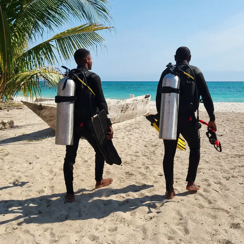 Deux plongeurs marchant sur une plage de sable blanc ensoleillée