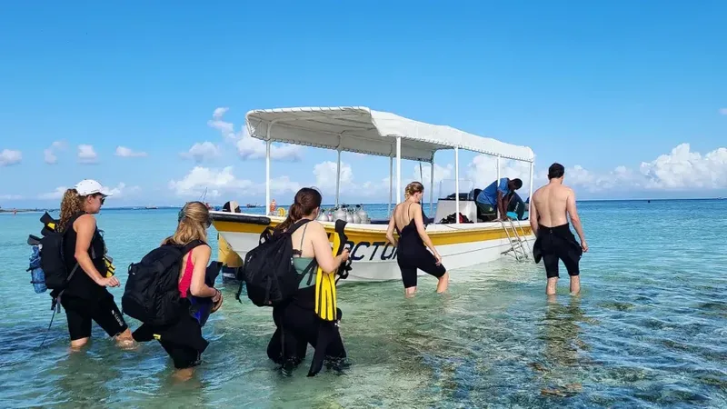 Plongeurs équipés montent à bord d'un bateau jaune en eau turquoise