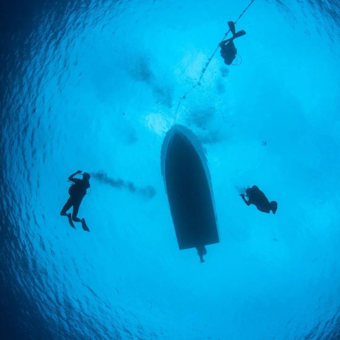 Plongeurs explorant les fonds marins sous un bateau en pleine mer