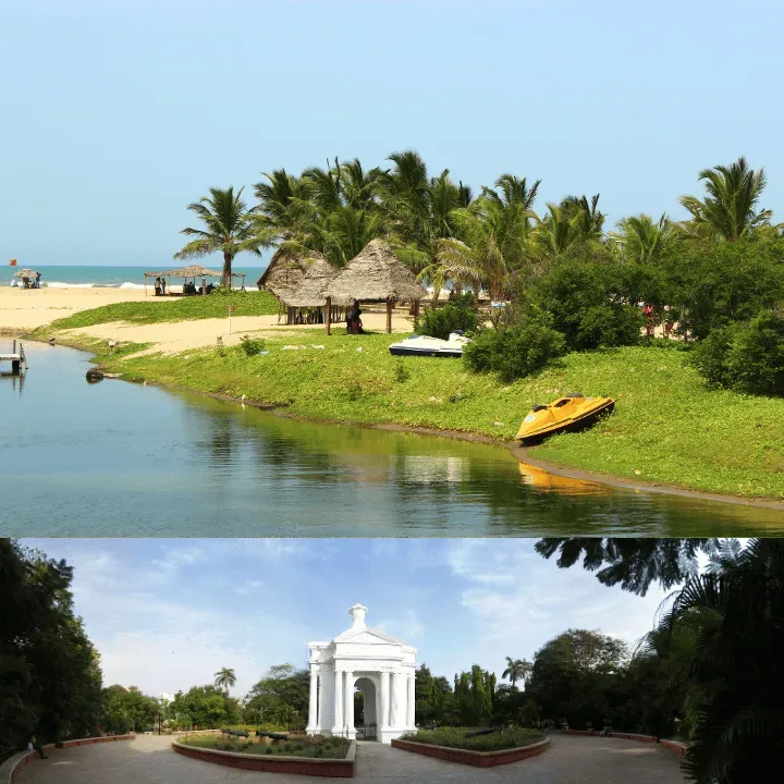 Canal bordé de végétation, bateaux amarrés, plage et cocotiers au loin