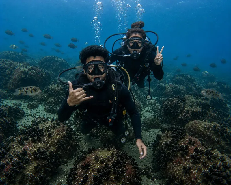 Deux plongeurs souriants font des signes sous l'eau avec des poissons
