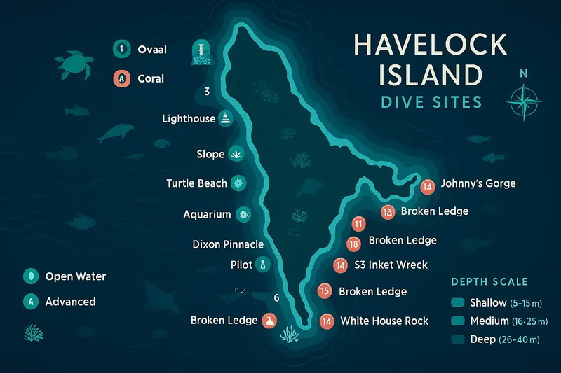 Carte de l'île Havelock avec les sites de plongée et la faune marine