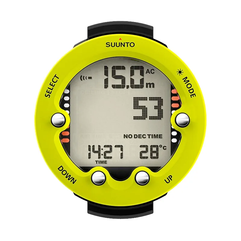 Ordinateur de plongée Suunto jaune avec affichage de profondeur et de temps