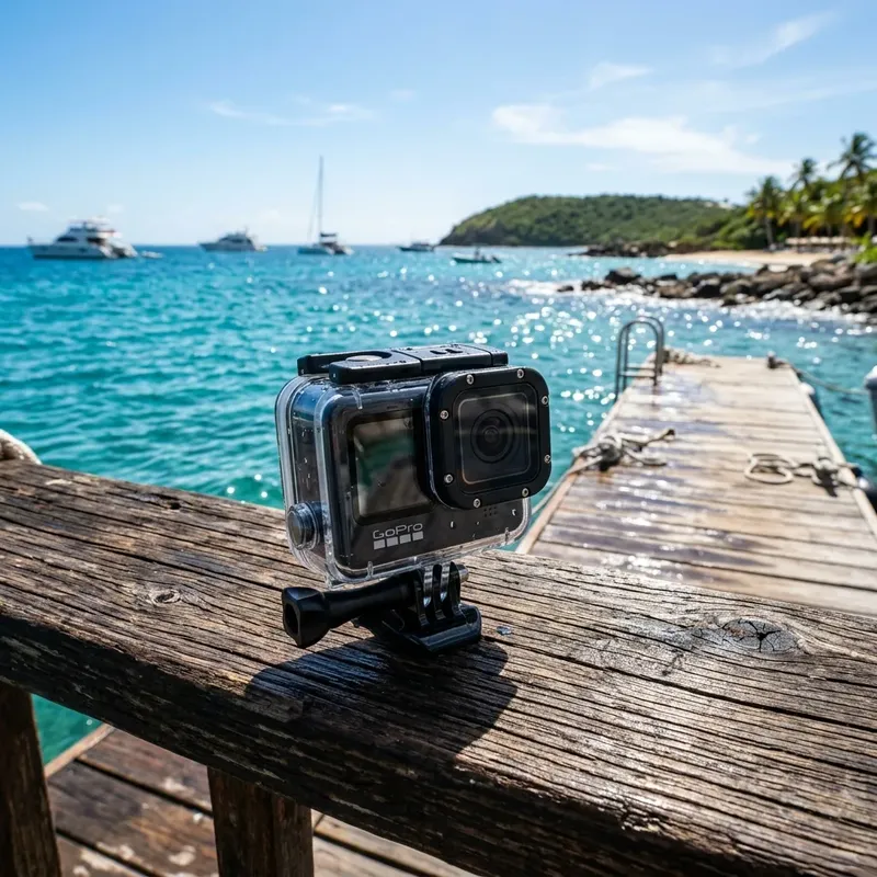 Caméra GoPro sur un ponton en bois, bateaux en arrière-plan
