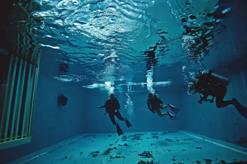 Trois plongeurs en formation évoluent dans une piscine bleue