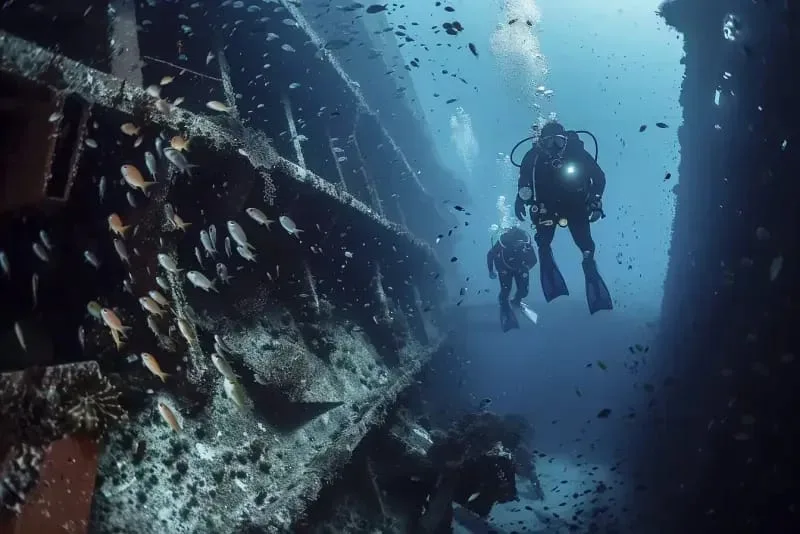 Deux plongeurs explorent l'épave d'un navire colonisée par des poissons