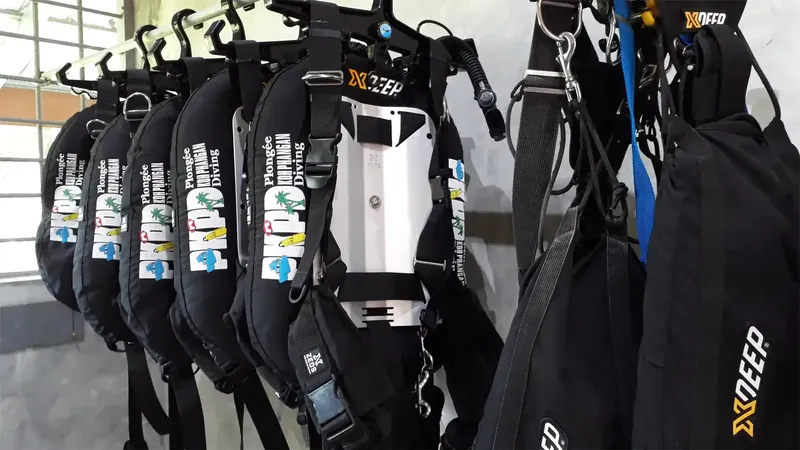 Rangée de gilets de plongée noirs avec logos et détendeurs accrochés