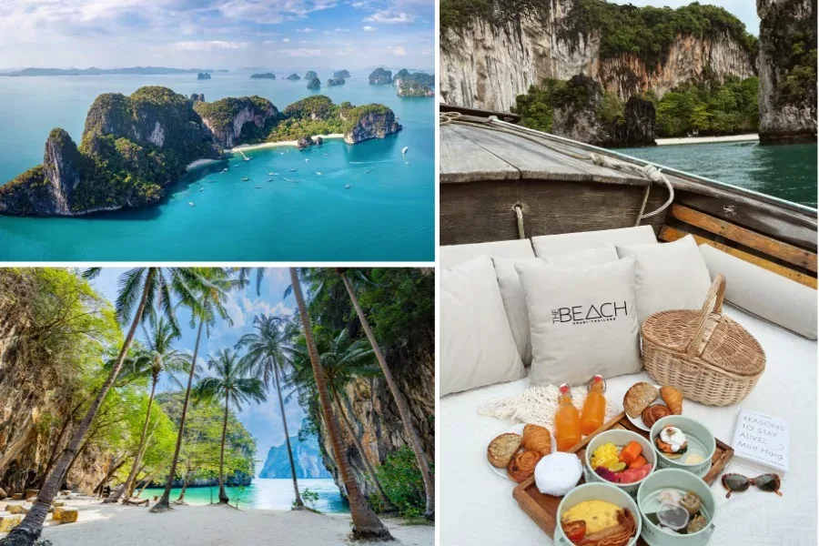 Collage de paysages tropicaux, bateau, plage et petit déjeuner luxueux
