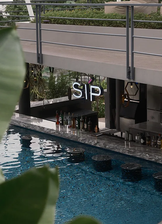 Bar avec des personnes, des bouteilles et l'inscription lumineuse SIP