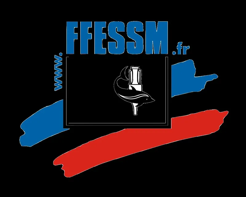 Logo FFESSM avec une bouteille de plongée et des formes bleues rouges