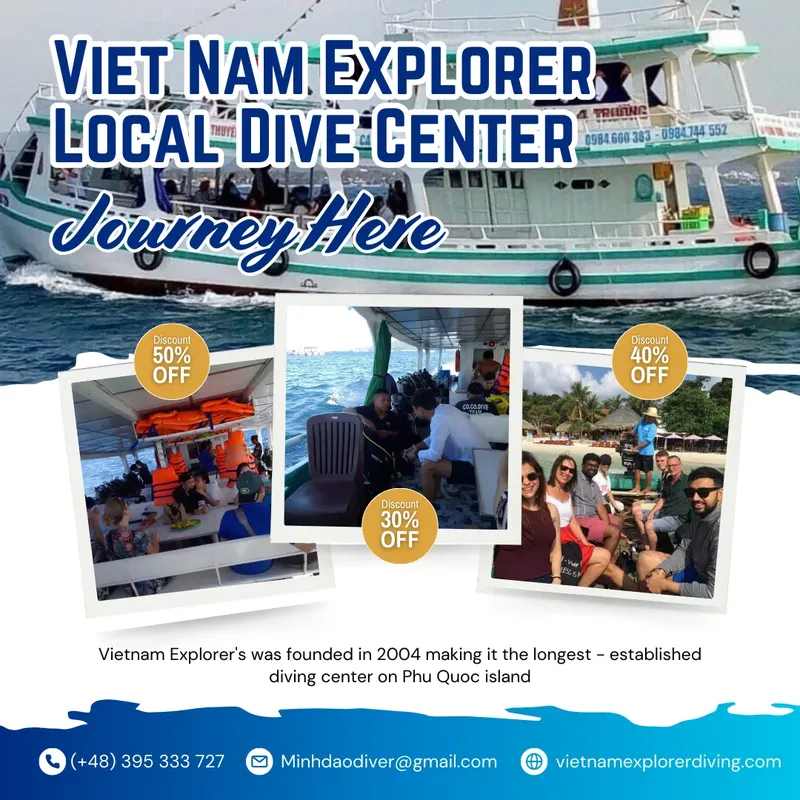 Montage photos de plongeurs et de bateau avec promotions et informations