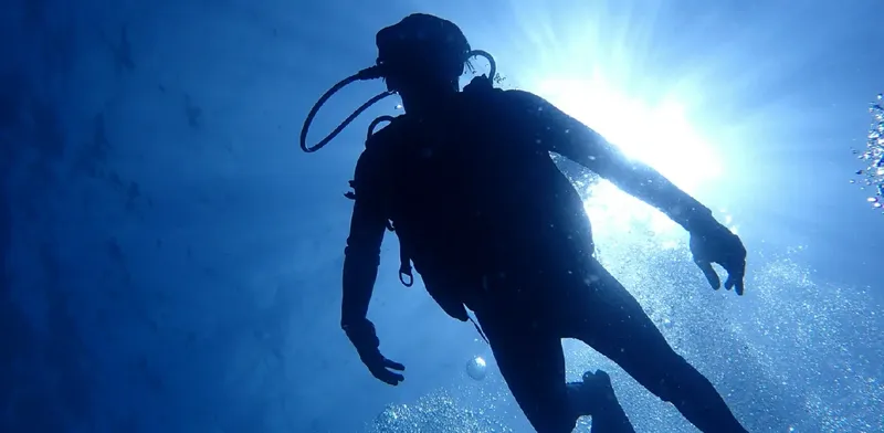 Plongeur silhouetté contre le soleil dans l'eau bleue