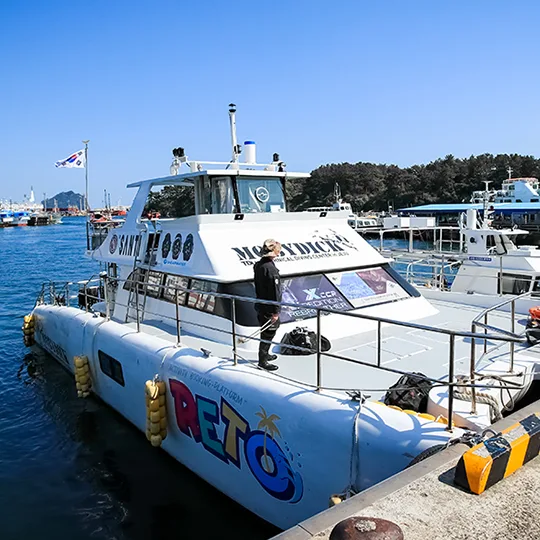 Catamaran amarré au port avec des plongeurs préparant leur matériel