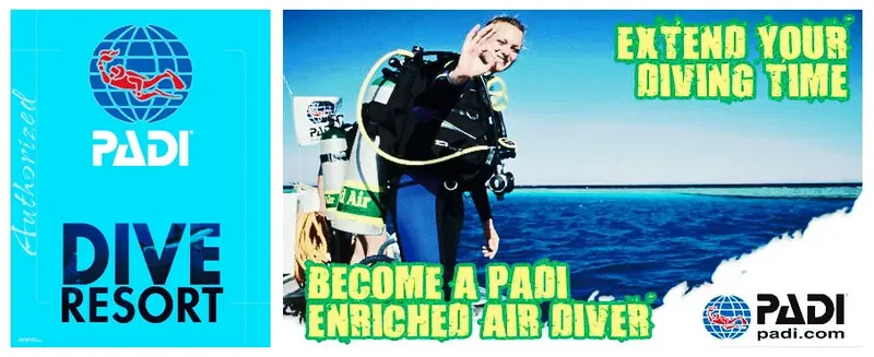 Plongeur équipé, publicité PADI, formation Enriched Air Diver, bleu turquoise
