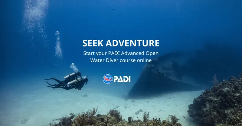 Plongeur explorant une épave sous-marine avec du texte promotionnel PADI