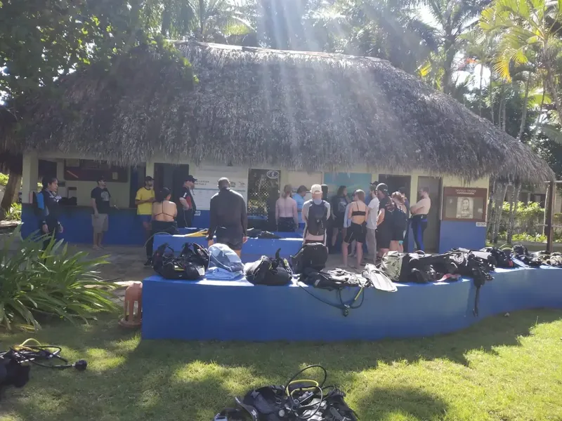 Groupe de plongeurs et d'équipements devant un bâtiment tropical