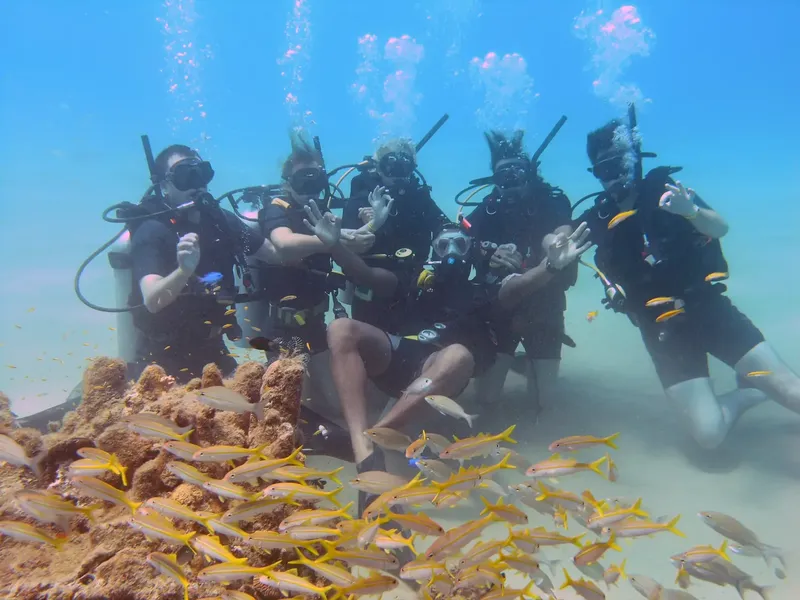 Groupe de plongeurs souriants posant avec des poissons au fond marin