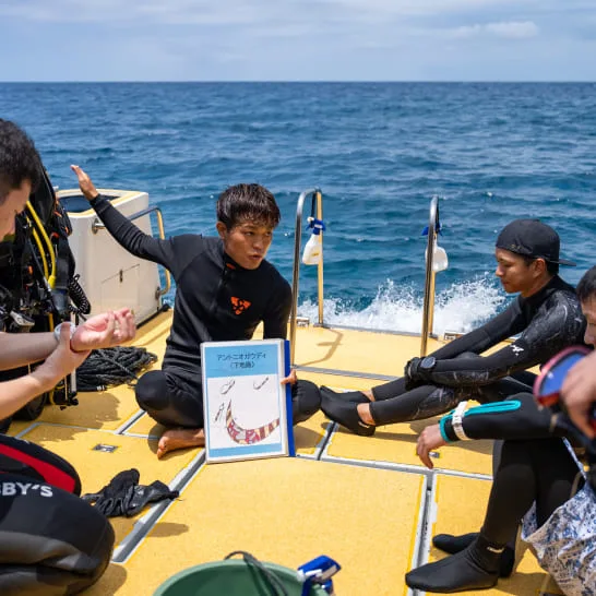Plongeurs écoutent un briefing sur le bateau avant l'immersion