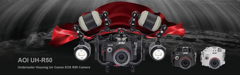 Boîtier étanche pour appareil photo Canon R50 avec éclairages et accessoires