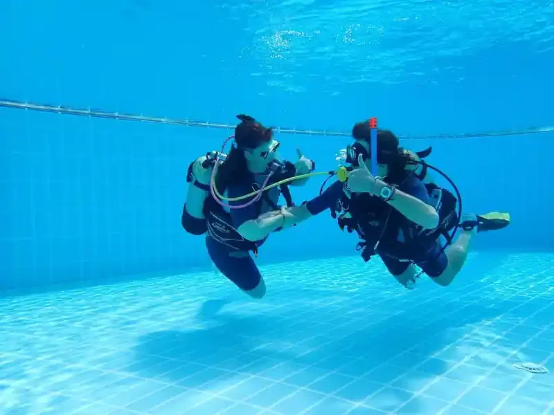 Deux plongeurs s'entraînent en piscine, communication gestuelle sous-marine