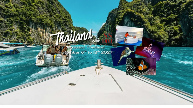 Bateau de plongée en mer avec des passagers et des images de fonds marins