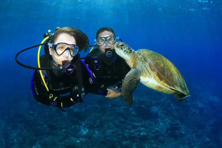 Deux plongeurs sourient avec une tortue marine amicale