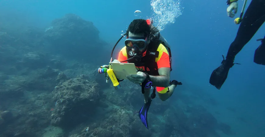 Deux plongeurs examinent une tablette numérique sous l'eau en mer