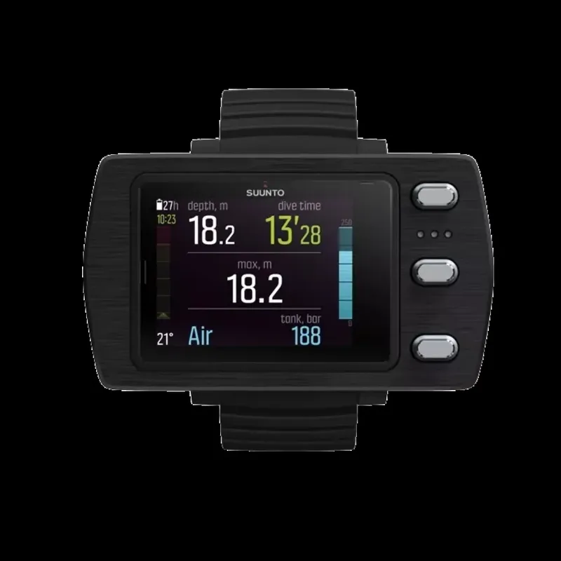 Ordinateur de plongée Suunto affichant profondeur, temps et pression d'air