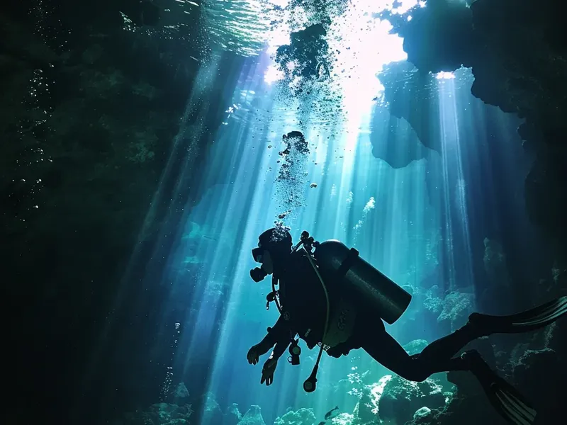 Plongeur explorant une grotte sous-marine éclairée par des rayons de soleil