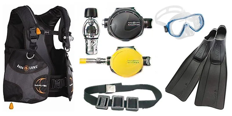 Equipement de plongée complet : gilet, détendeur, manomètre, masque, palmes
