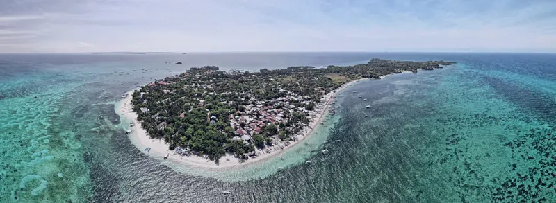 Vue aérienne d'une île tropicale avec plage et végétation luxuriante
