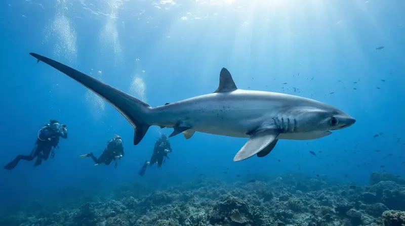 Plongeurs observant un requin océanique nageant dans l'eau bleue