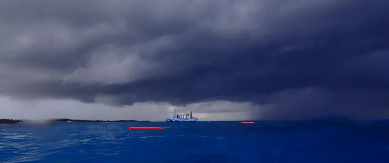Un bateau de plongée navigue sur une mer agitée sous un ciel orageux