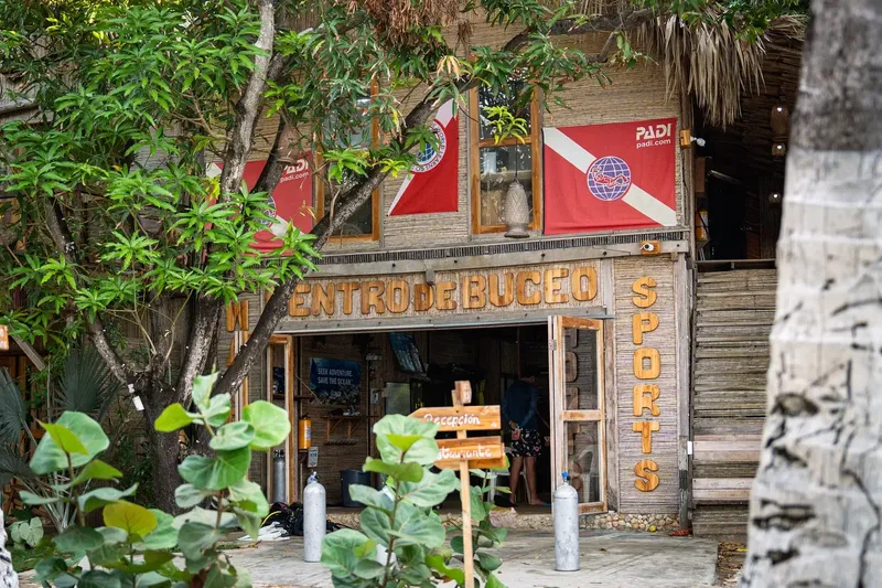 Façade d'un centre de plongée avec bouteilles et enseignes PADI visibles