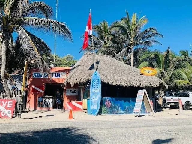 Façade d'un centre de plongée avec palmes, bouteilles et enseigne PADI