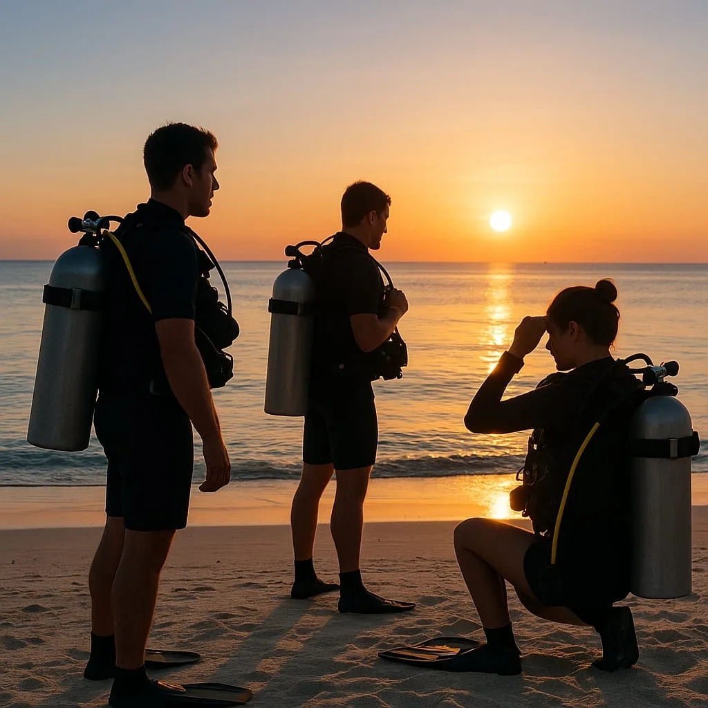 Trois plongeurs équipés sur une plage au coucher du soleil