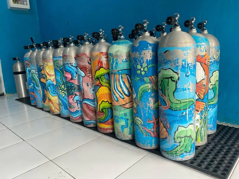Rangée de bouteilles de plongée peintes avec des motifs marins colorés