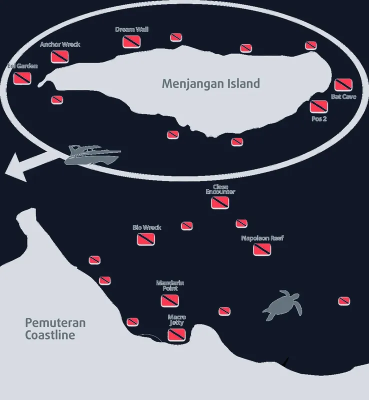Carte de l'île de Menjangan avec des spots de plongée et une tortue