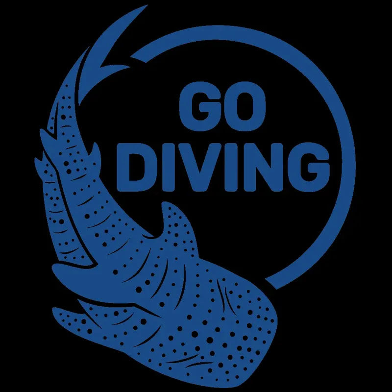 Requin baleine bleu et texte 'Go Diving' sur fond noir