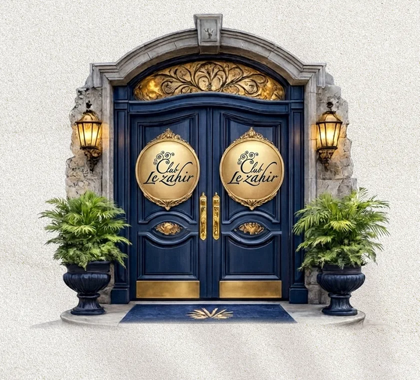 Porte bleue ornée de motifs et de plantes vertes, entrée