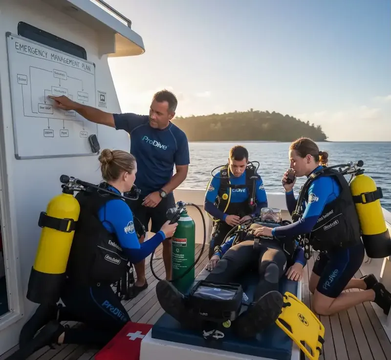 Instructeur expliquant la procédure d'urgence à des plongeurs sur un bateau